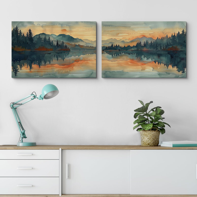 Rustique campagne crépuscule, coucher de soleil orange, lac réfléchissant et forêt au crépuscule, paysage naturel - 2 pièces