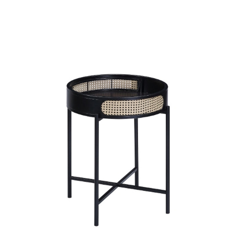 Table de finition noire avec plateau en bois, pieds en métal, insert et compartiment de rangement pratique, capacité des pieds