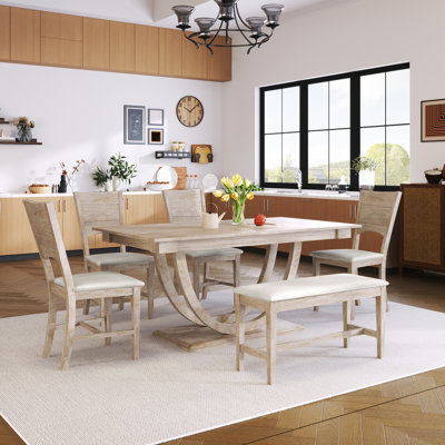 6-Piece Solid Wood Dining Table Set with Half-Round Legs, Bench & 4 Upholstered Chairs – Modern Kitchen Dining, Natural