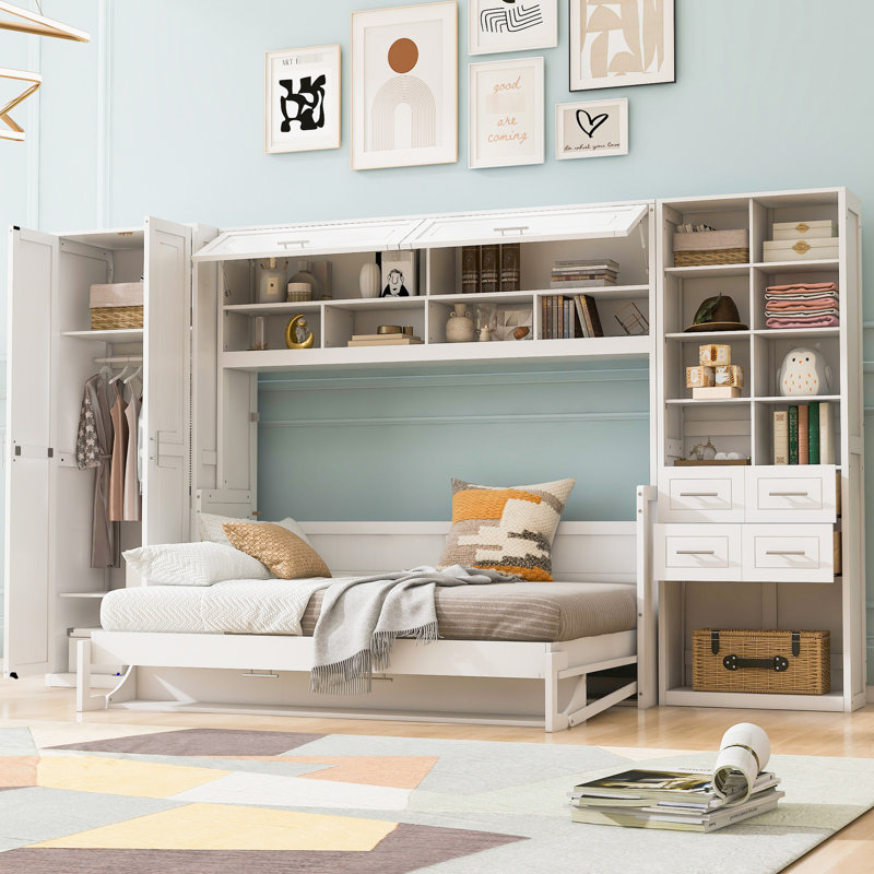 Lit double blanc avec garde-robe personnalisable et tiroirs pour un espace de rangement latéral de la taille d'une chambre à coucher - conception efficace