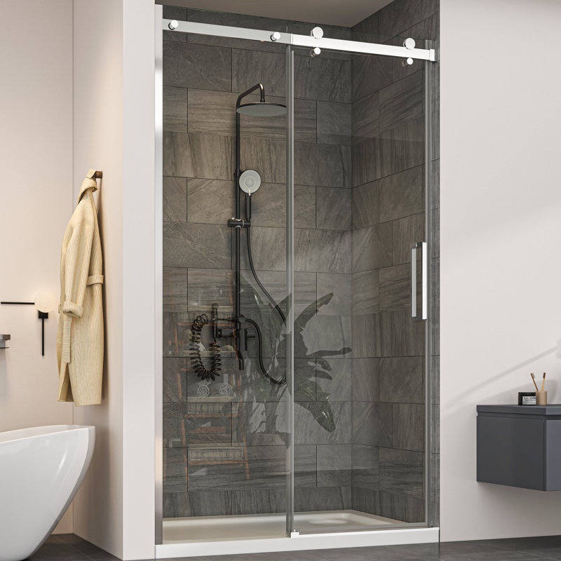 Porte de douche coulissante simple sans cadre de 44 à 48 po x H 76 po avec verre trempé transparent de 5/16 po (8 mm)