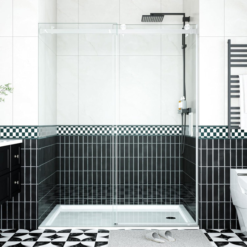 Sliding Glass Shower Door 56-60x76 Inch Frameless 8mm Tempered Glass Stainless Steel Rail 55 Rollers, Silver