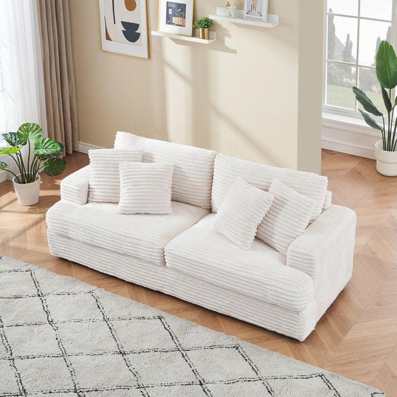Comfortable Corduroy Sofa with Matching Pillows for Modern Living Room, White, 31" H 79.3" W X 34" D