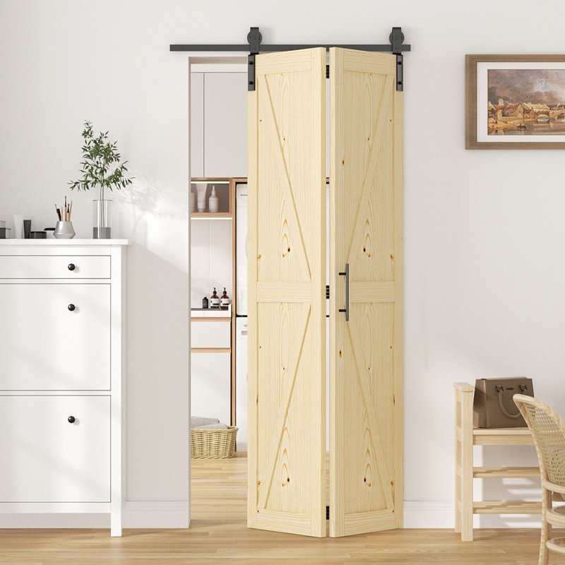 84" DIY Solid Pine Wood K-Style Folding Barn Door with Hardware Kit, 36" x 84", 2