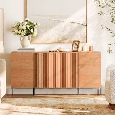 Teen Dresser For Bedroom With Minimalist Reeded Design,61" Wide Modern Chest With Doors,Wood Closet Clothes Storage Organizer For Kids Room, Living Ro