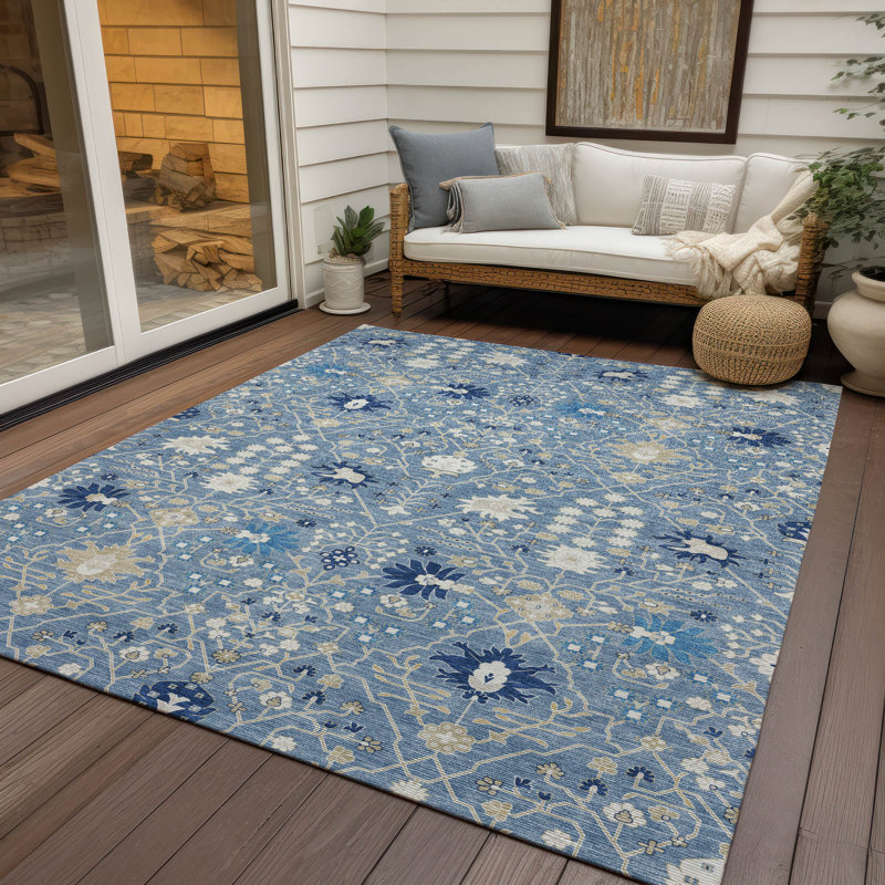 Blue and Beige Flat Woven Rectangular Synthetic Rug