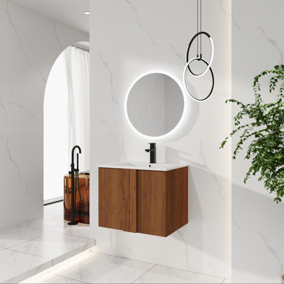 24 Inch Floating Bathroom Vanity with Sink Combo – Particle Board – 1 Piece – Wall-Mounted – Brown Ebony – Soft-Close Doors