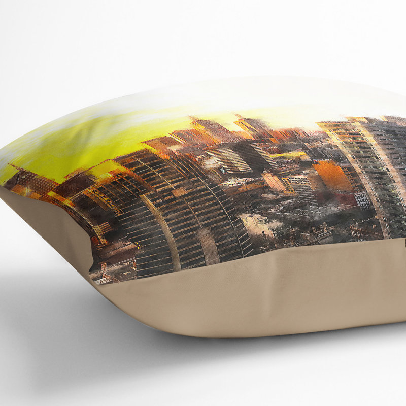 Melbourne Australia Skyline Painting Cushion with Filling, 40cm H x 40cm W x 15cm D, Stone