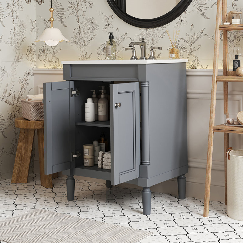 Meuble-lavabo 24 po avec lavabo supérieur, meuble de rangement moderne à 2 niveaux, meuble-lavabo simple, grandes tablettes de rangement