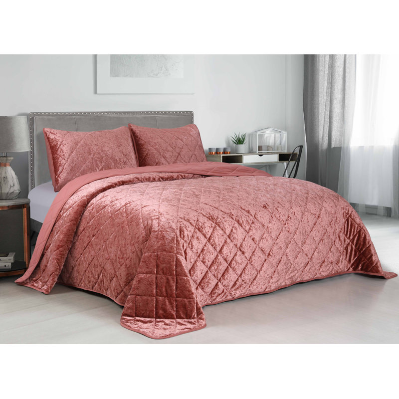 Ensemble de courtepointe en velours diamant écrasé, Corail, Courtepointe simple et 1 taie décorative