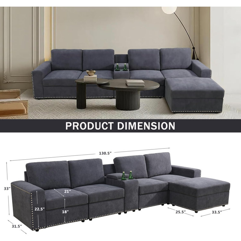 131" Wide 6-Piece Flannel Configurable Living Room Modular Corner Sectional With Ottoman, Gray