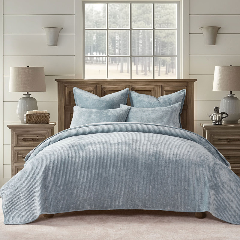 Striped Channel Velvet Quilt Set, Queen, Blue Linen