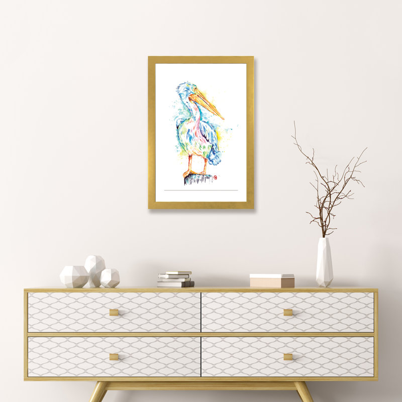 «Pelican» par Lisa Whitehouse - impression d'art graphique, H 24 po x l 16 po x P 1 po, Papier encadré doré, Blanc