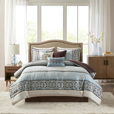 Édredon très grand 7 pièces en bleu - avec broderie élégante, 100% pour le rembourrage du lit, comprend 1 édredon, 2 taies décoratives et 3 coussins