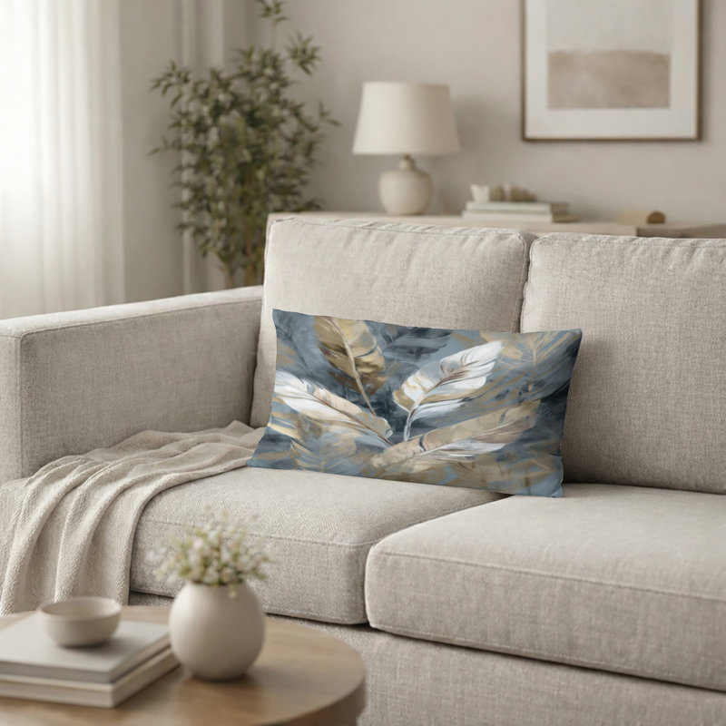 Coussin Boho Feather - Or et gris, H 12 po x l 20 po