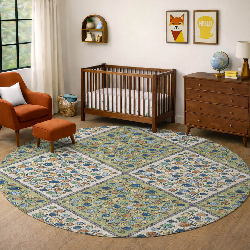 Tapis intérieur / extérieur lavable à la machine pour enfants ACN2579, Aloès, Rond 8 pi