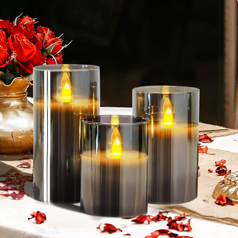 Led Flameless Candles, Battery Operated Flickering Candles Pillar Real Wax Moving Flame Electric Candle Sets Gold Glass Effect with Remote Timer, 4 in, 5 in, 6 in (Grey)