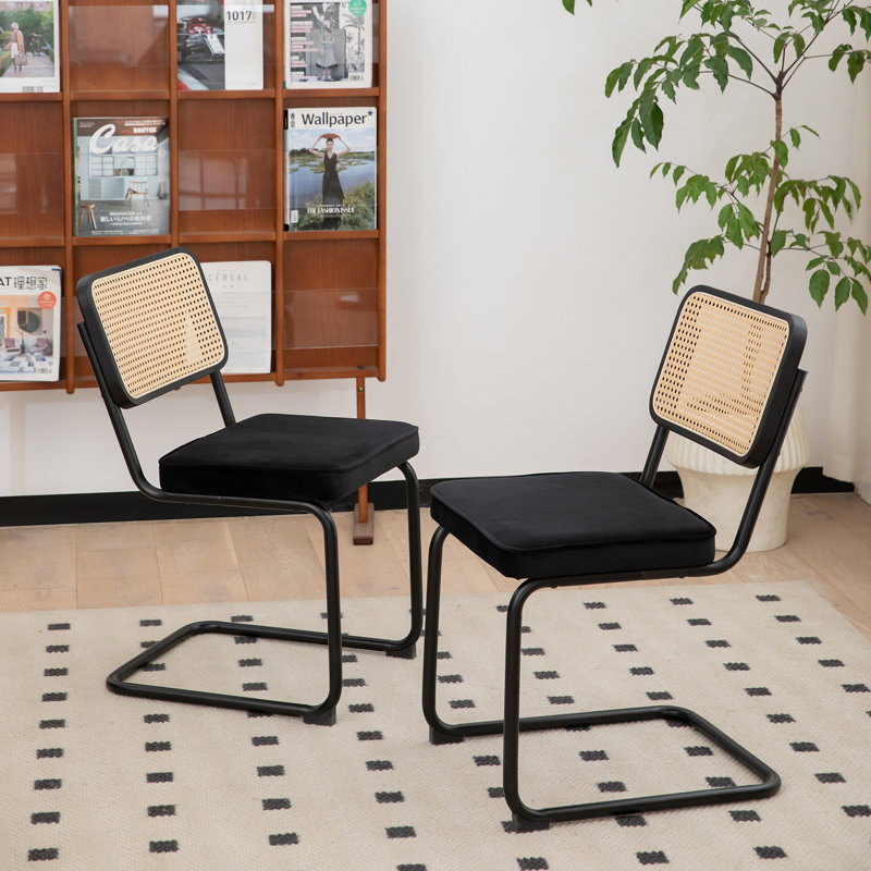 Tristen Rattan and Fabric Upholstered Dining Chairs, Black, Black