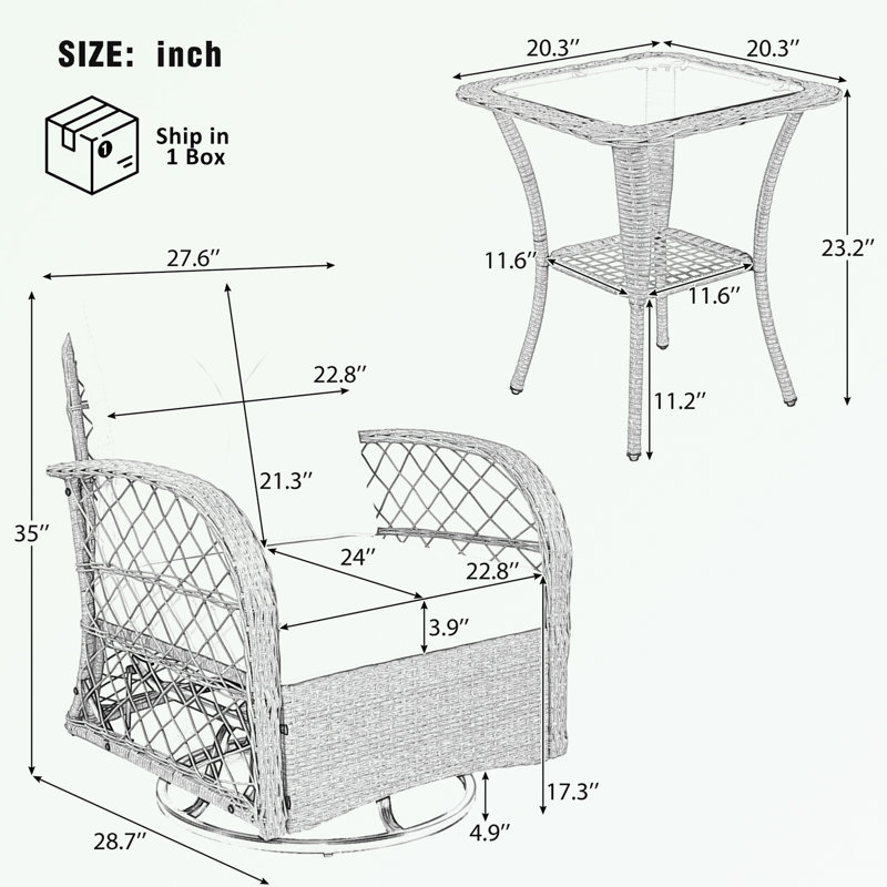 3-piece Outdoor Chair&Table Set with Two Swivel Chairs and a Square Table, Brown