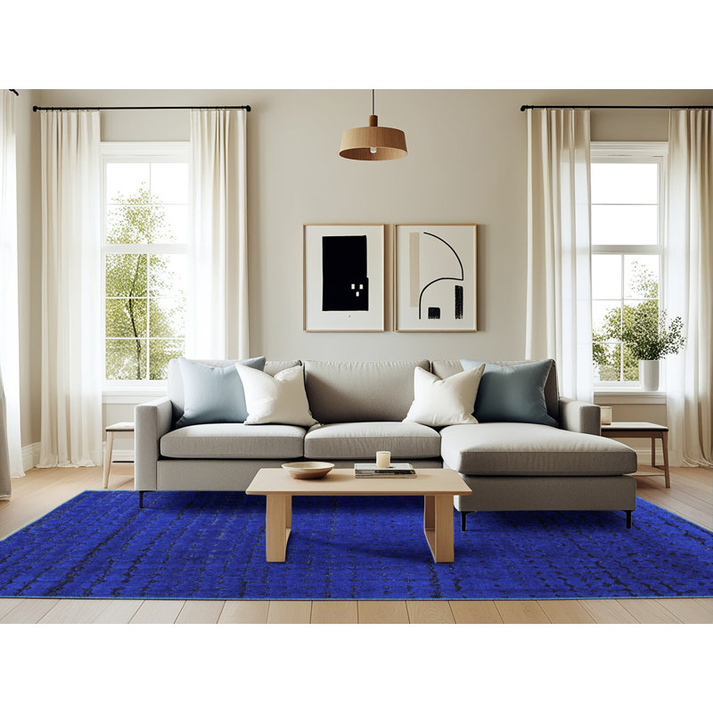 Tapis bleu en laine / polyester géométrique tissé à la machine 6 pi x 9 pi