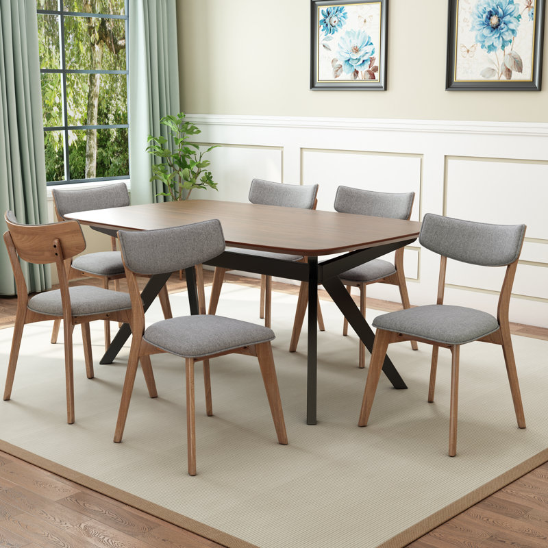 Evonne Upholstered Dining Set With Rubberwood Frame, 7, Dark Gray