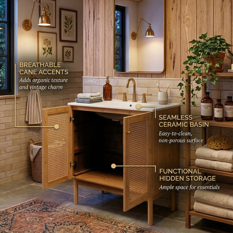Meuble-lavabo moderne de 30 po avec lavabo, meuble de rangement en bambou naturel avec rotin fait à la main et charnières à fermeture en douceur, 3 couleurs