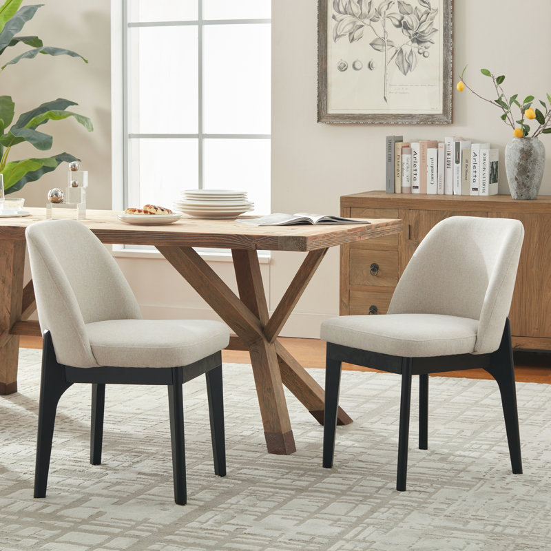 Bason 19.5" H Polyester Upholstered Dining Chair With Black Solid Wood Legs, Khaki