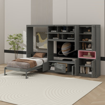 Lit escamotable simple en bois avec meuble télé, 2 tiroirs, tablettes intégrées et armoires