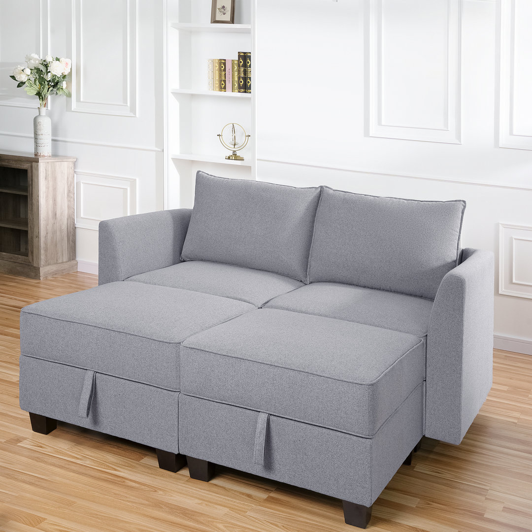 Bahareh Modular Sectional Loveseat with Double Ottoman Linen Couch Upholstered Sofa Sleeper Ebern Designs 
