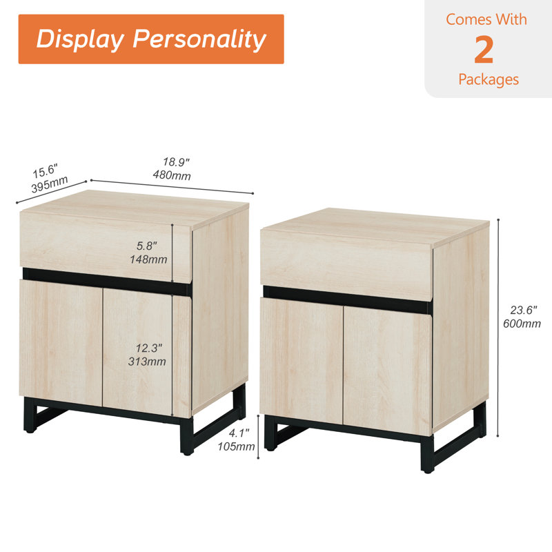 Table de chevet avec 1 tiroir et 1 armoire de rangement Aadam, Beige, Ensemble de 2