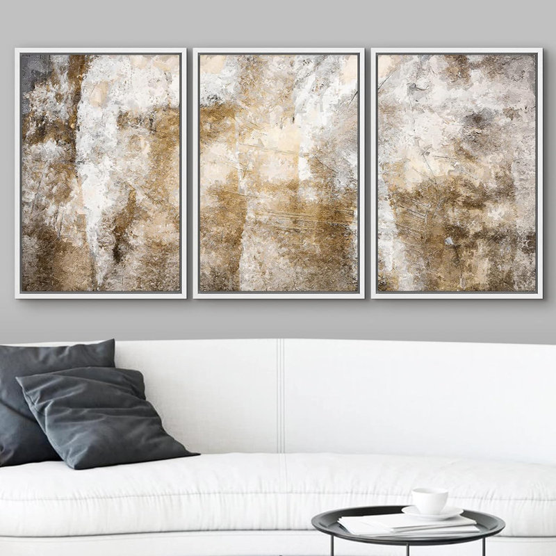 «Minimal Brown White Paint Stroke Collage Abstract Shapes Modern Art Decor on Canvas», reproduction de 3 pièces