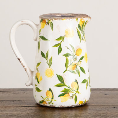 9in. Lemon Print Ceramic Rustic Jug Vase
