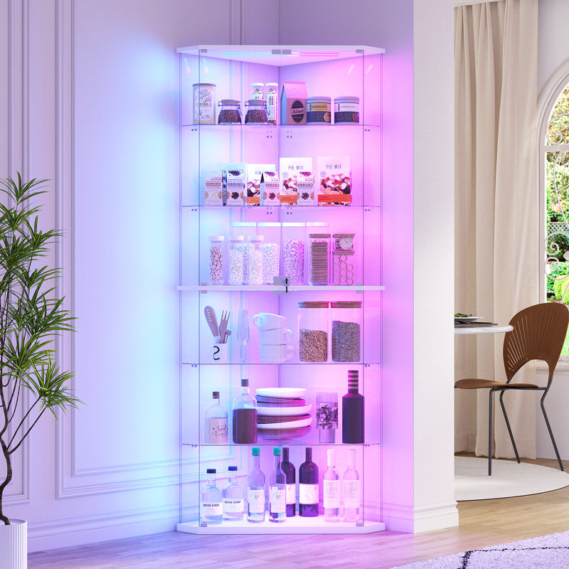 Vitrine d'angle moderne avec éclairage RVB contrôlé par l'application et tablettes en verre - Grande armoire vitrée avec serrure