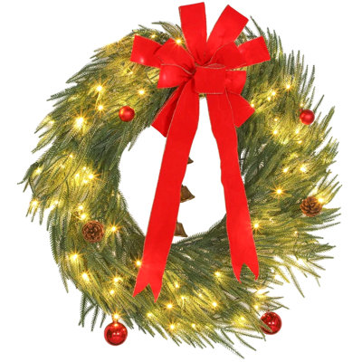 Christmas Wreath For Front Door With Led Lights, Prelit Christmas Wreath With 8 Modes And Ornaments, Green