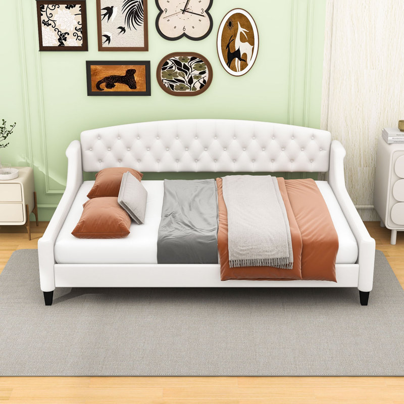Full Size Upholstered Daybed with Button-Tufted Backrest, Beige