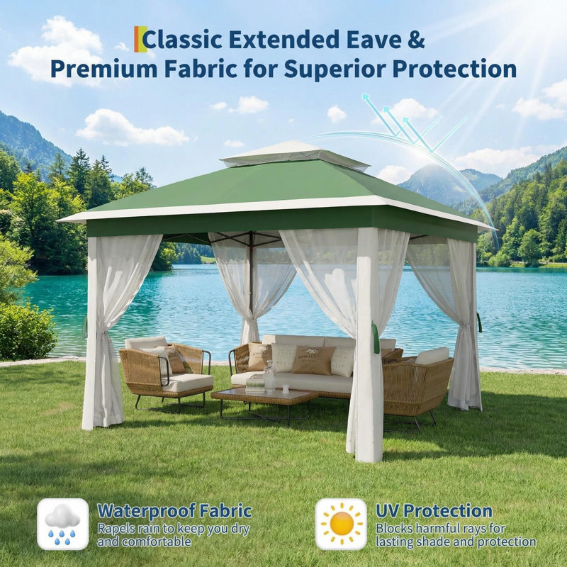 Pavillon de jardin extérieur 11 po x 11 pi avec double toit, Vert