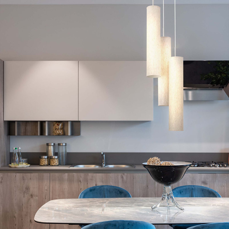 Luminaire suspendu cylindre grappe 6 lumières Jannon, Nickel brossé, Écru