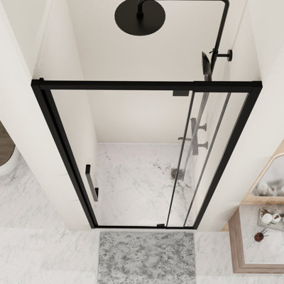 44 - 48 po L x P 72 H Porte de douche en verre à charnière semi-pivotante, 1/4 po 6 mm trempé, noir mat, réversible avec espacement des parois réglables H large, ajustements télescopiques