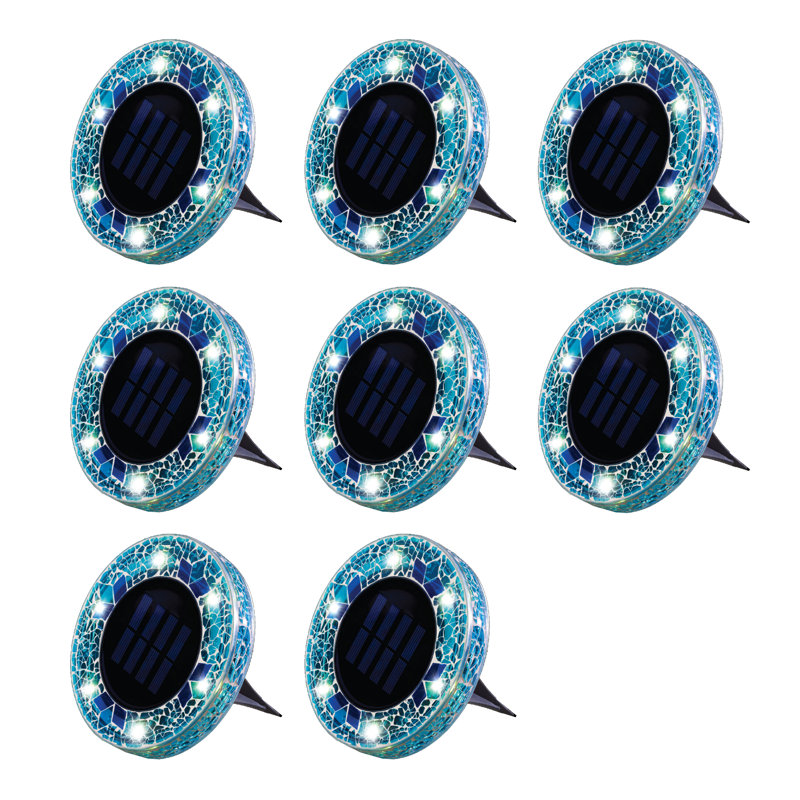 Blue Mosaic Solar Powered LED Pathway Disk Lights, Set of 8