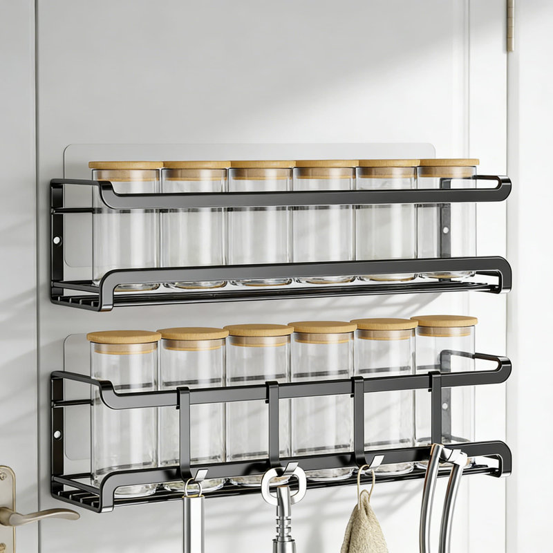Porte-épices mural en métal, paquet de 2, support à épices en métal pour porte d'armoire de cuisine ou de garde-manger, Noir