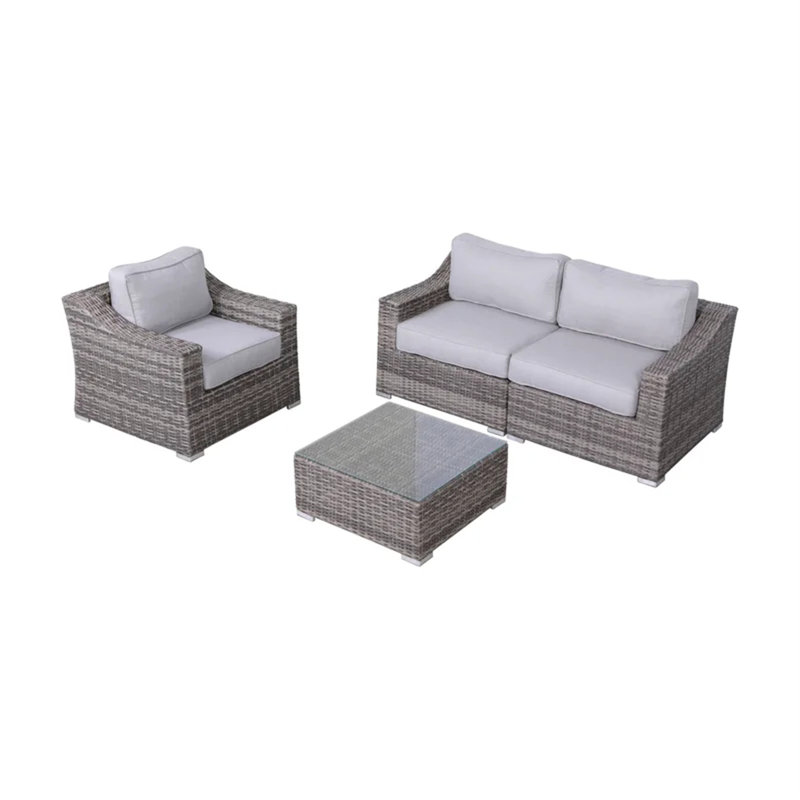 Ensemble de conversation en osier pour 3 personnes avec coussins entièrement assemblé, Coussin gris / cadre gris