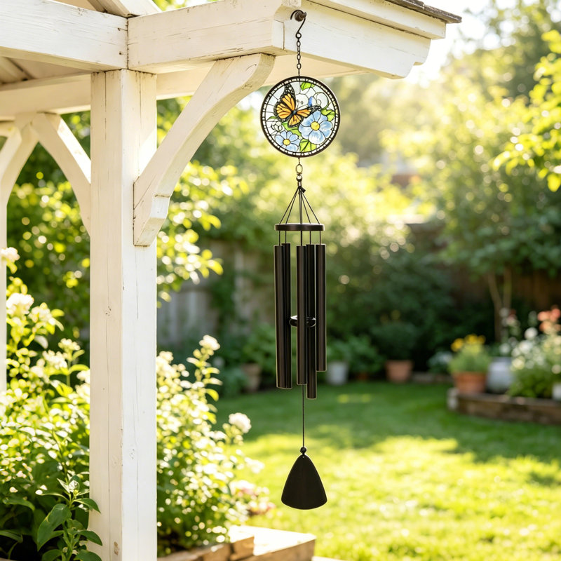  40 Inch Butterfly Stained Glass Wind Chime, Weather Resistant Tuned Metal Tube Outdoor Hanging Decor