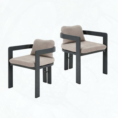 Aluminum Dining Chair Set of 2 – Black Finish with Beige Cushion for Outdoor Patio