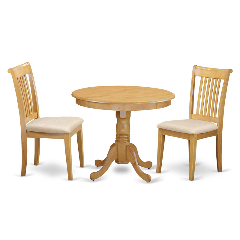 L'ensemble de table et chaises de cuisine 3 pièces comprend une table de salle à manger ronde avec piédestal et 2 chaises rembourrées en tissu de lin, 36 x 36 pouces, chêne