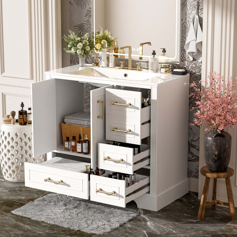 Meuble-lavabo traditionnel 36 po avec lavabo en céramique, armoire de salle de bain avec deux portes à fermeture douce et quatre tiroirs