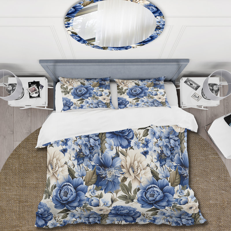 Ensemble de housse de couette à motif victorien Blue Renaissance Florals, Housse de couette pour grand lit et 2 taies décor