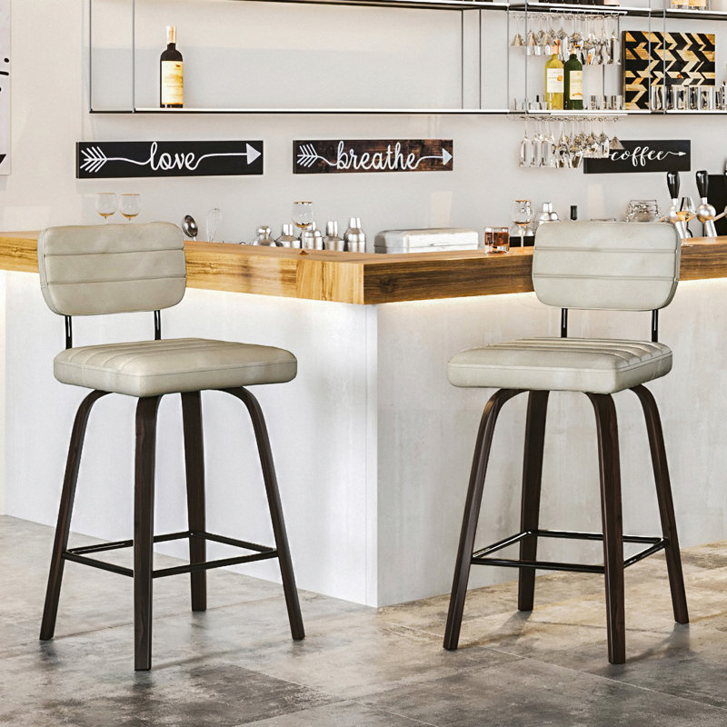 Randerick Swivel Upholstered 25.2" Faux Leather Counter Stool with Wood Frame, Beige