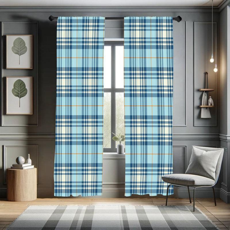  Checkered Curtains, Plaid Tartan English Tile, 56" W x 95" L, Pale Sky