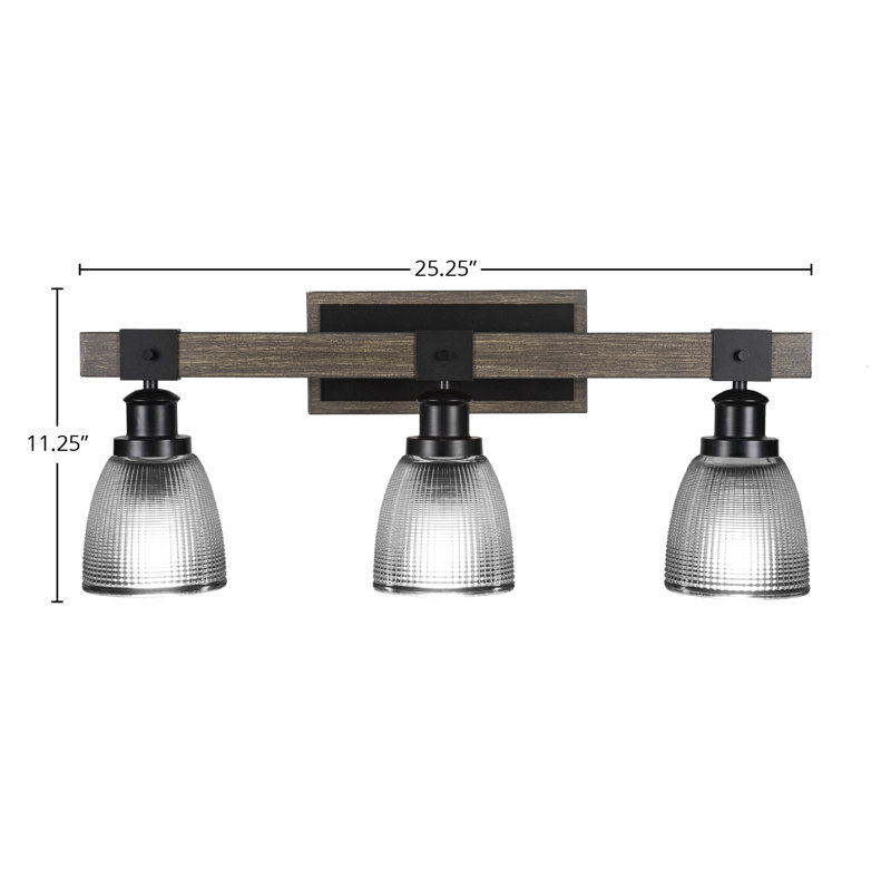 Valera 3 Light Bath Bar Shown In Matte Black & Painted Distressed Wood-look Metal With 5” Clear Ribbed Glass
