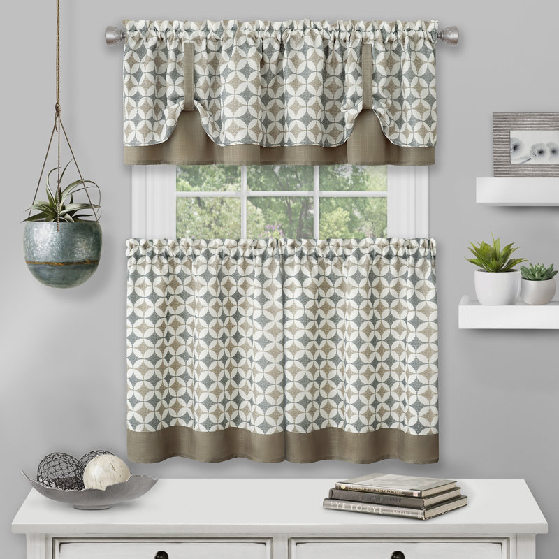 Mortensen Geometric Tailored Kitchen Curtain, Taupe/Silver, 58" W x 36" L